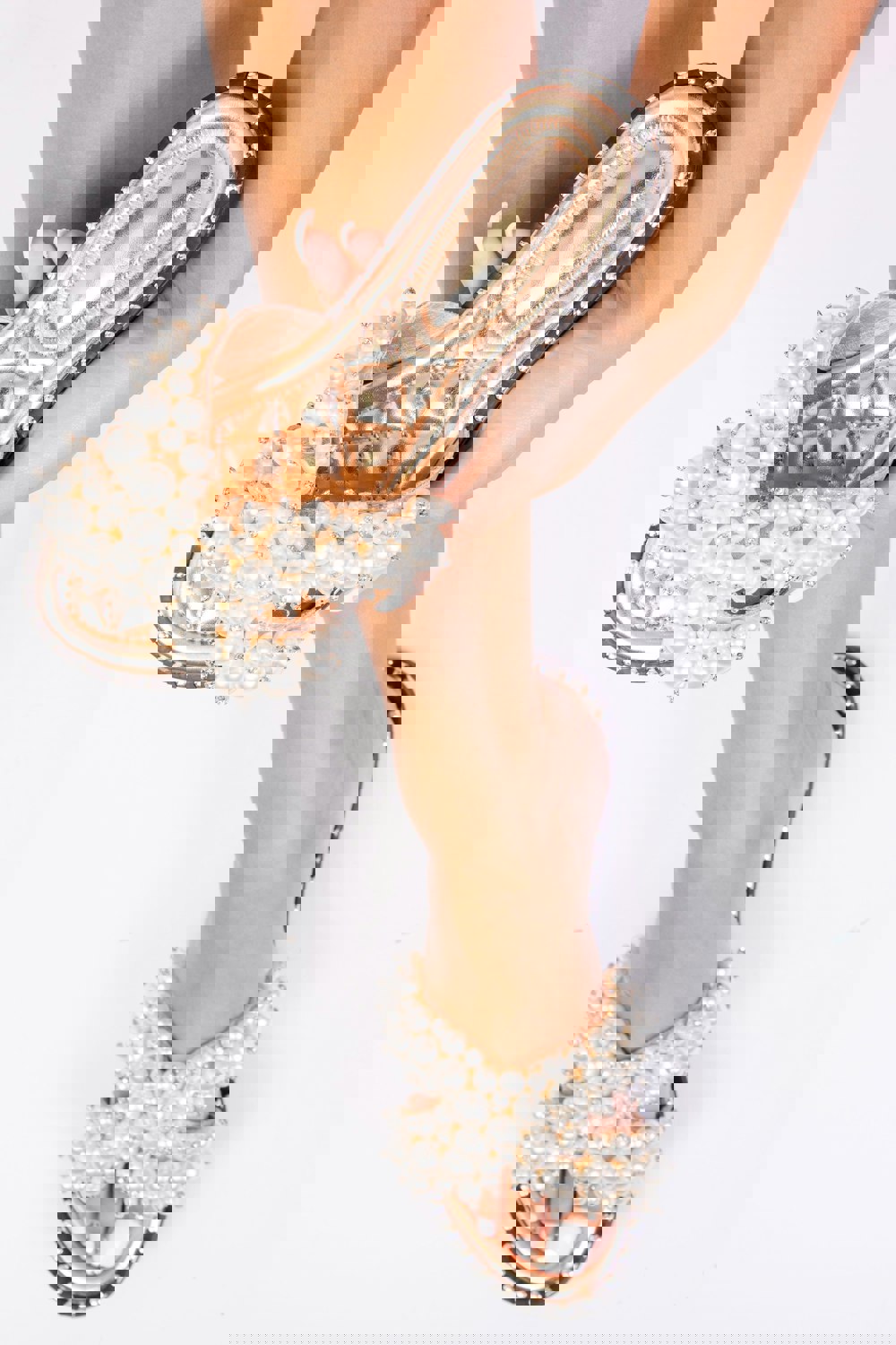 Where's That From Eve Pearl Embelllished Flat Slider Sandals in Rose Gold