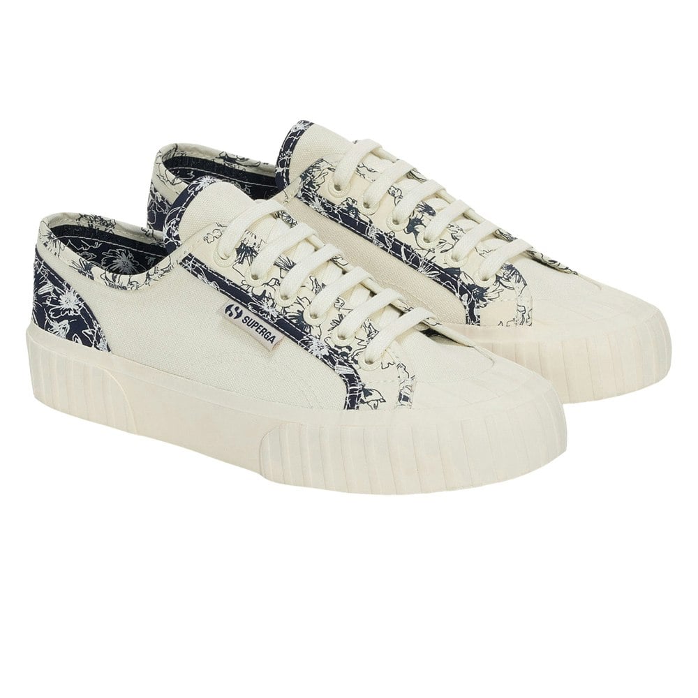 Superga Womens 2630 Stripe Sketched Flowers Trainers - Beige Natural/Navy