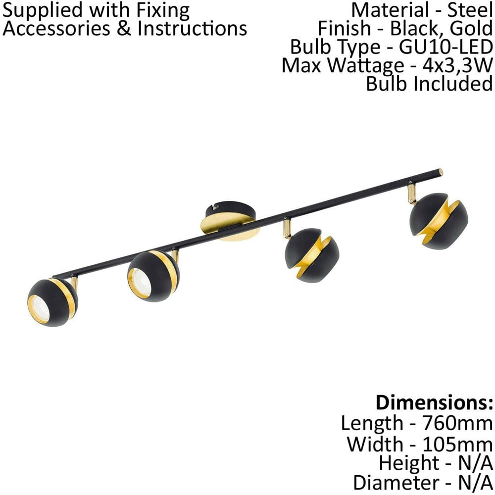 Flush 4 Spot Ceiling Light Colour Black Gold Shade & Back Plate Bulb GU10 4x3.3W Loops
