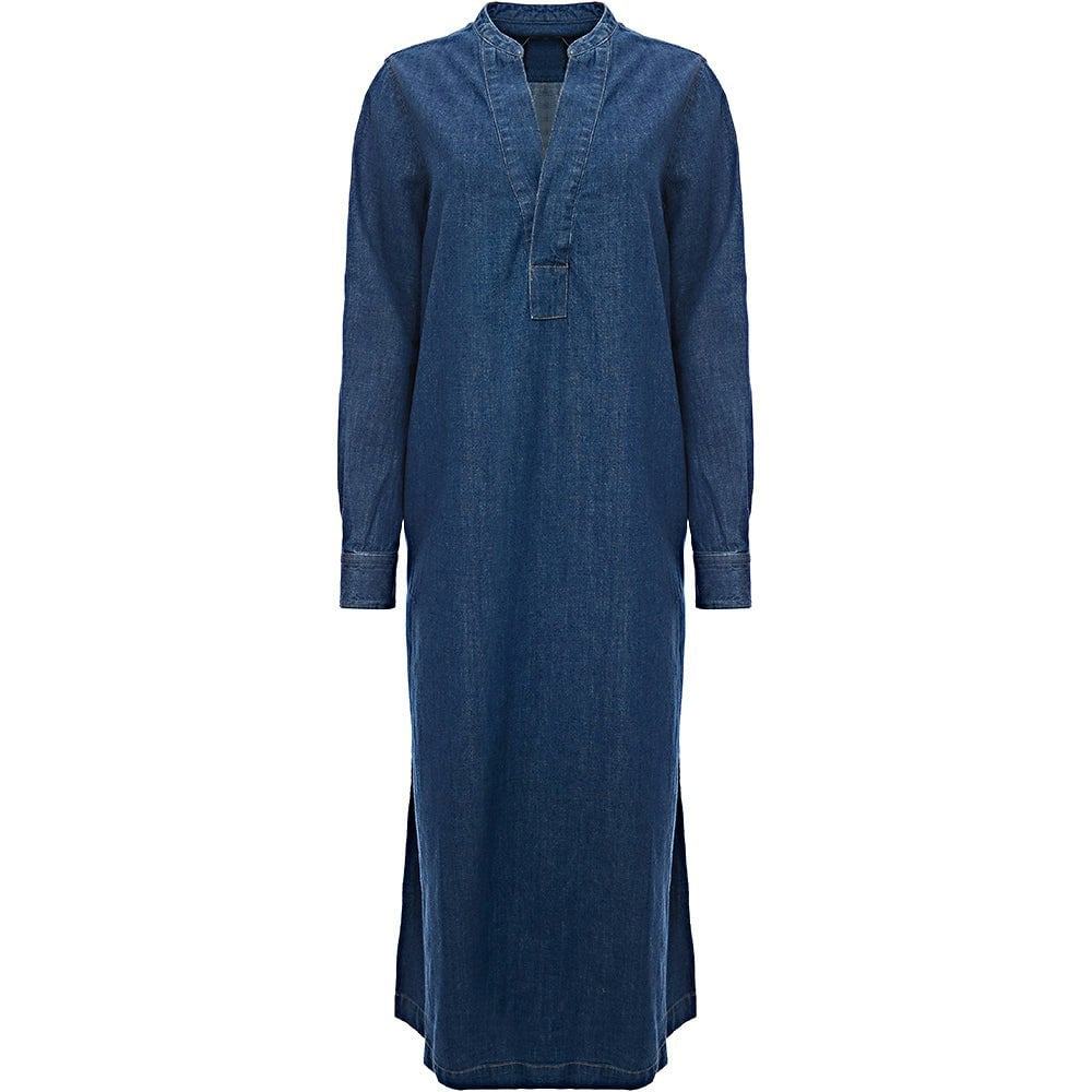 Polo Ralph Lauren Womens Collarless Indigo Wash Ls Denim Midi Dress in Blue