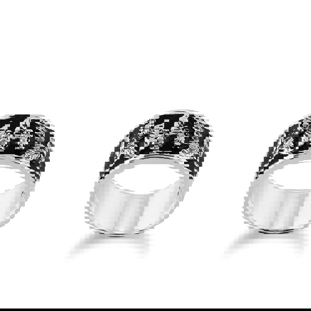 Floral Round Marcasite & Black Enamel Thisstle Band Ring in 925 Sterling Silver - Gemondo
