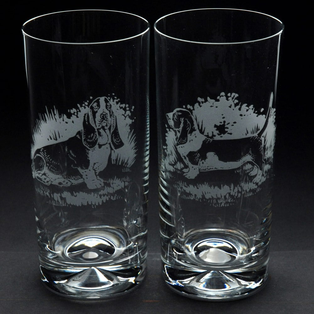Glyptic Glass Art Basset Hound Dog Highball Glass - Hand Etched/Engraved Gift