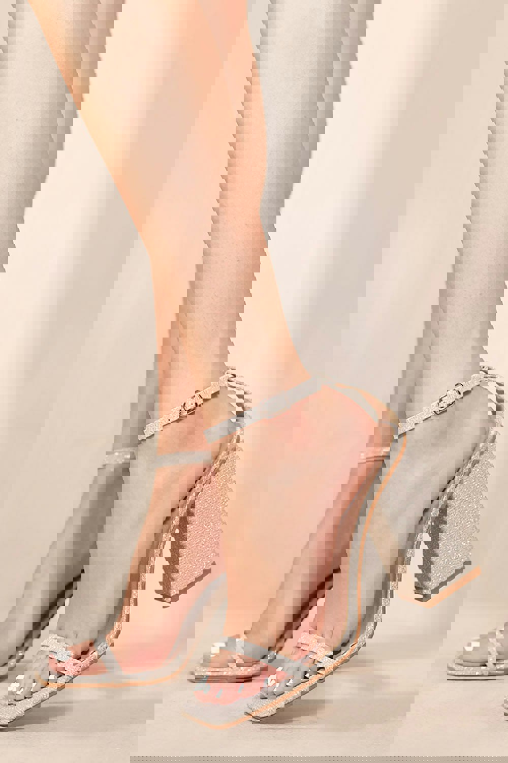 Where's That From Fallon Square Toe High Block Heel Sandals With Ankle Strap in Moon Silver Fine Glitter