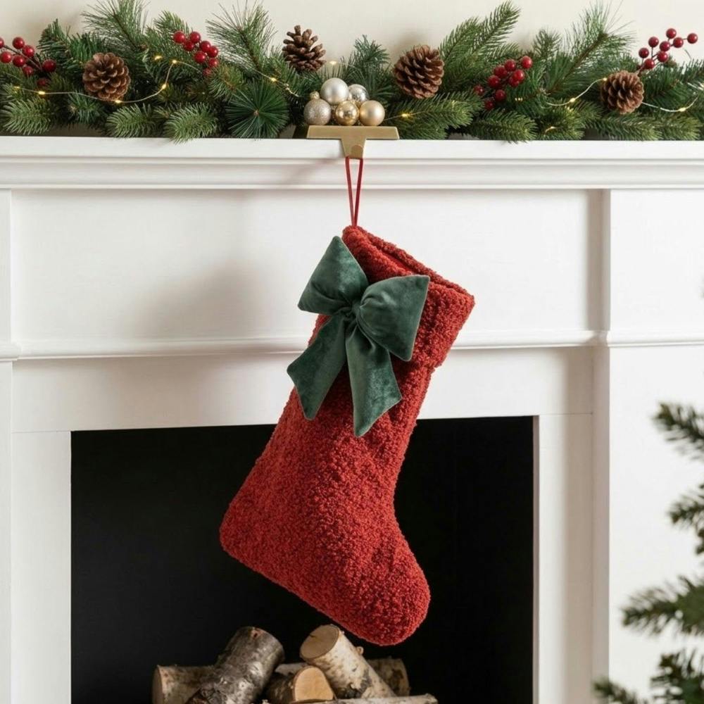 Garden Greatness Ruby Red Textured Bow Christmas Stocking