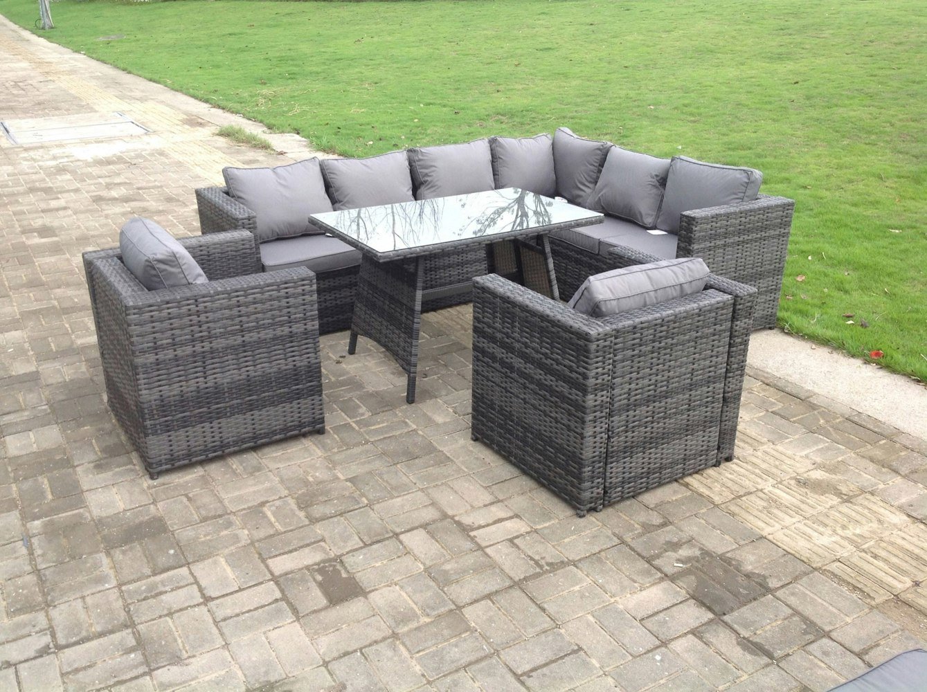 Fimous Rattan Corner Sofa Set Garden Furniture With 2 Chairs And Dining Table Right Hand