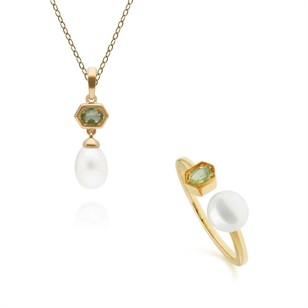 270P030206925-270R058707925 Modern Pearl & Peridot Pendant & Ring Set in Gold Plated Silver 1