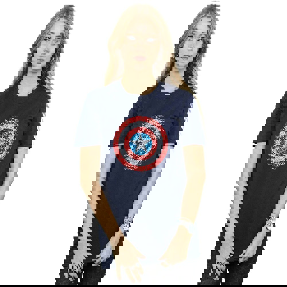 Marvel Womens/Ladies Captain America Pixelated Shield Cotton Boyfriend T-Shirt - Navy Blue