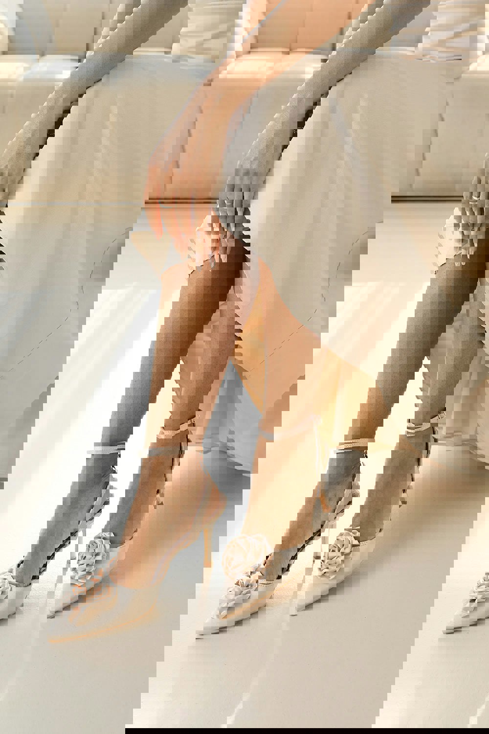 Where's That From Jemma Pointed Toe Heel With Flower Detail in Cream Satin