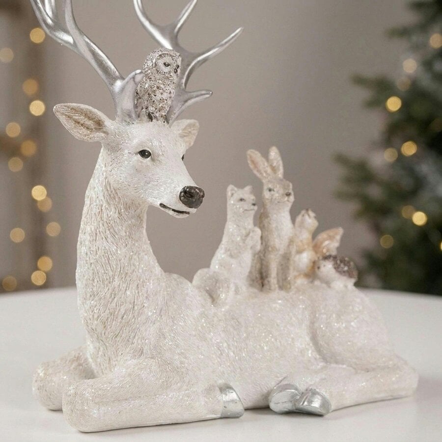 Garden Greatness Resin Silver Sparkle Animals on Reindeer Figurine