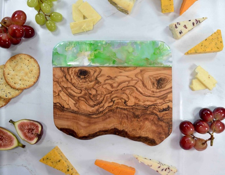 Green Silver Cheese Board - Olive Wood Chopping Board - Unique Gift for Grandmother - Foodie Birthday Gift Ideas