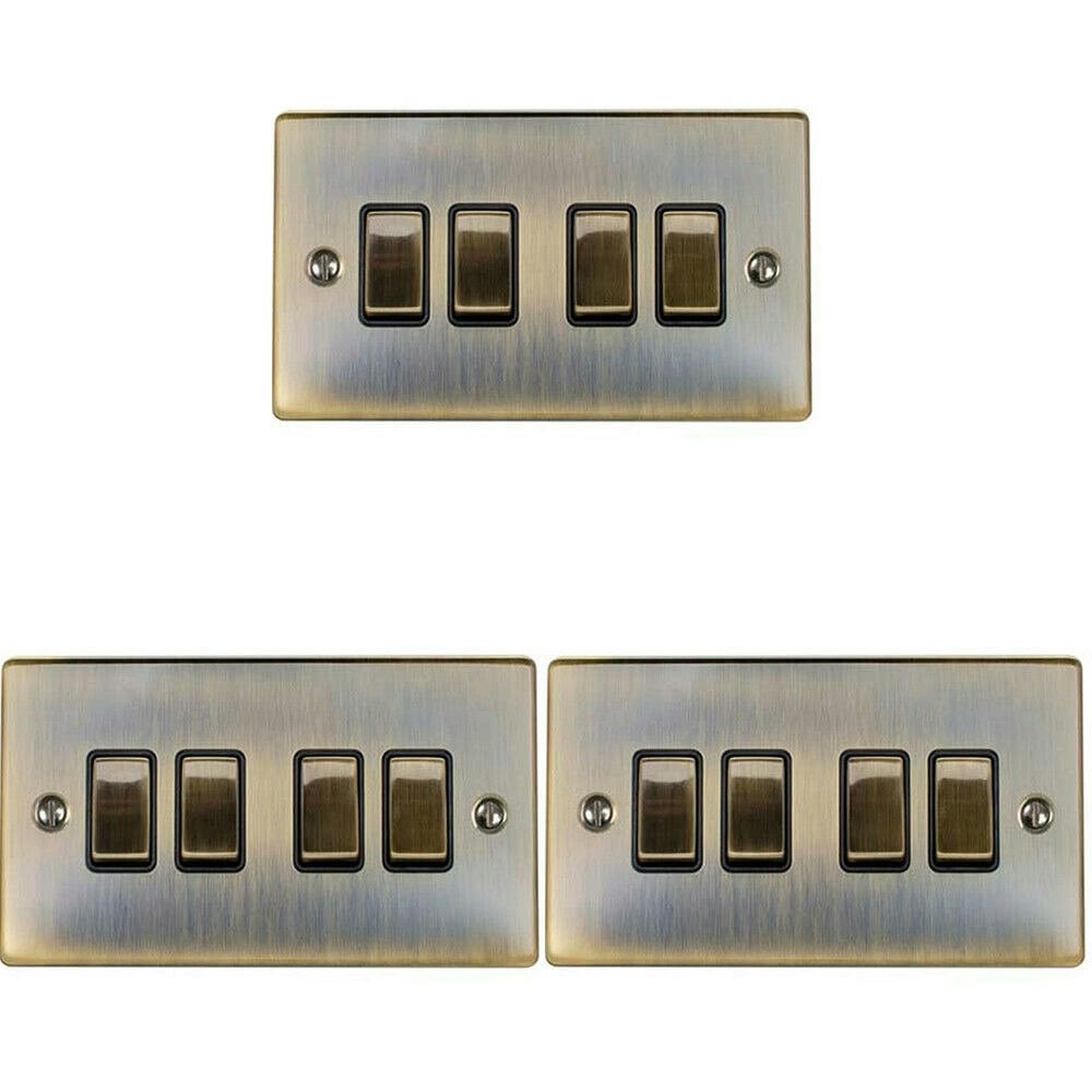 3 PACK 4 Gang Quad Light Switch ANTIQUE BRASS 2 Way 10A Black Trim Loops