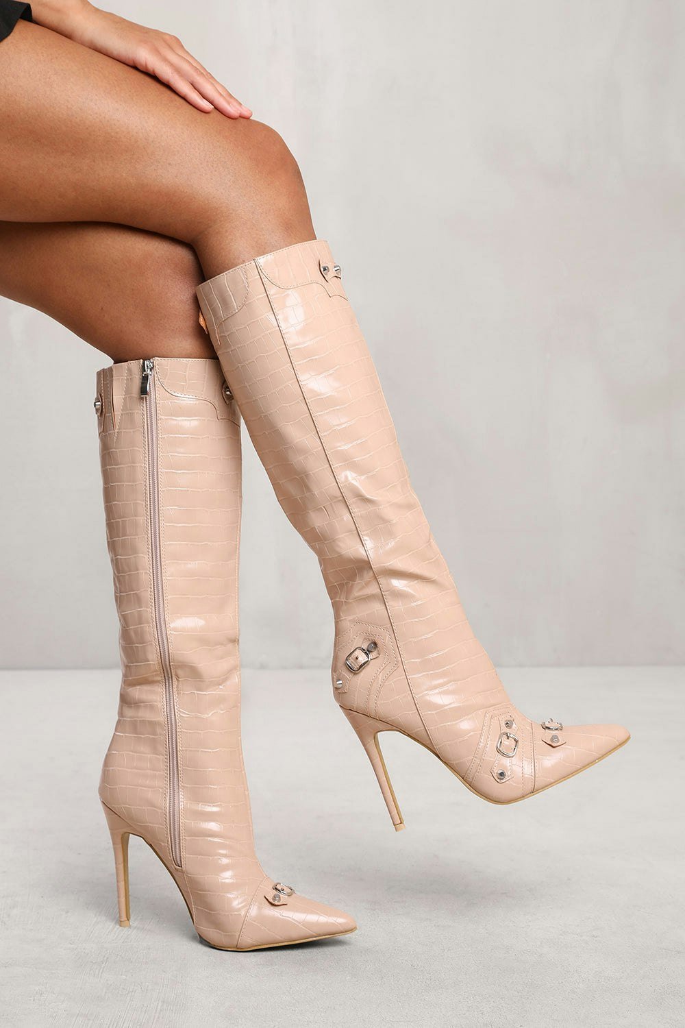 Where's That From Amelia Below Knee High Heel Boot With Stud and Buckle Detail in Nude