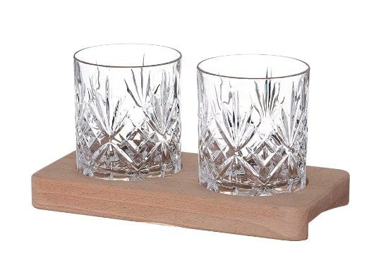 Diamante Chatsworth Whisky Tumblers with Wooden Tray - Set of 2