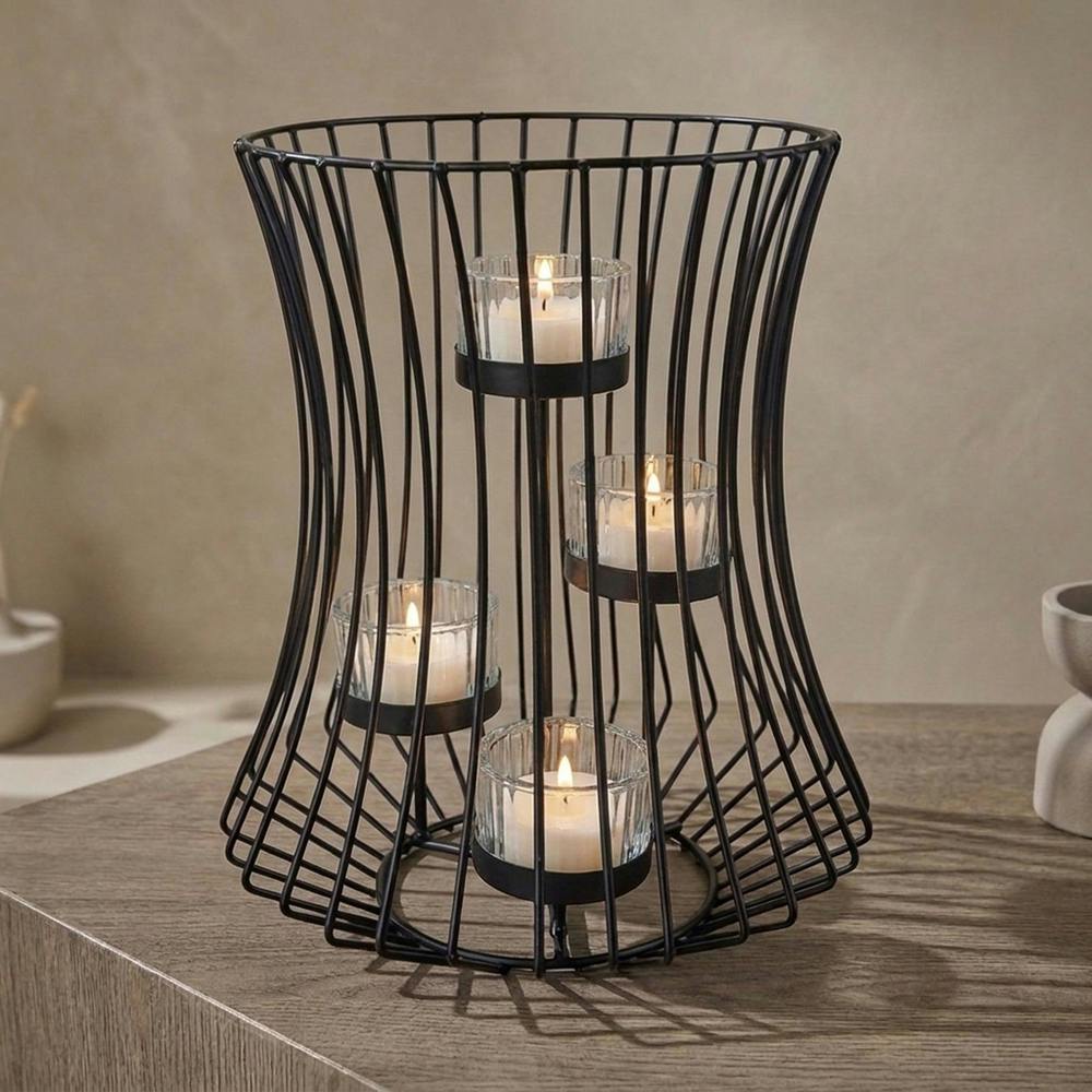 Garden Greatness Sleek Black Metal Cage Four Tealight Holder