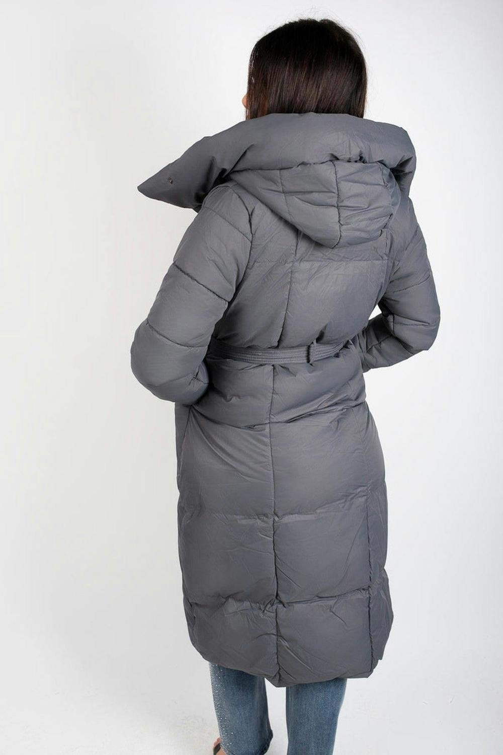Velina Longline Puffer Coat With Belted Waist - Grey