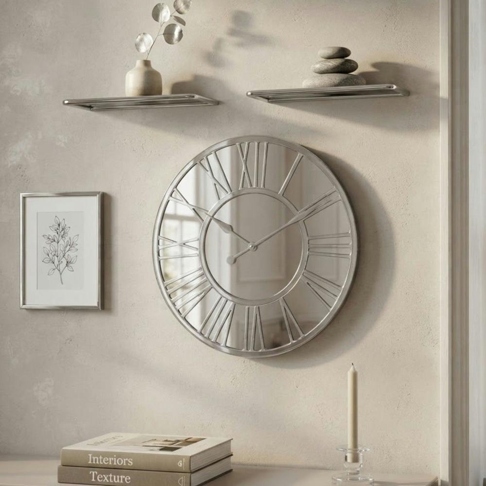 Garden Greatness Roman Numeral Silver Mirror Wall Clock
