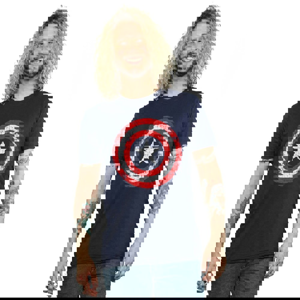 Marvel Mens Avengers Captain America Scratched Shield T-Shirt - Navy Blue