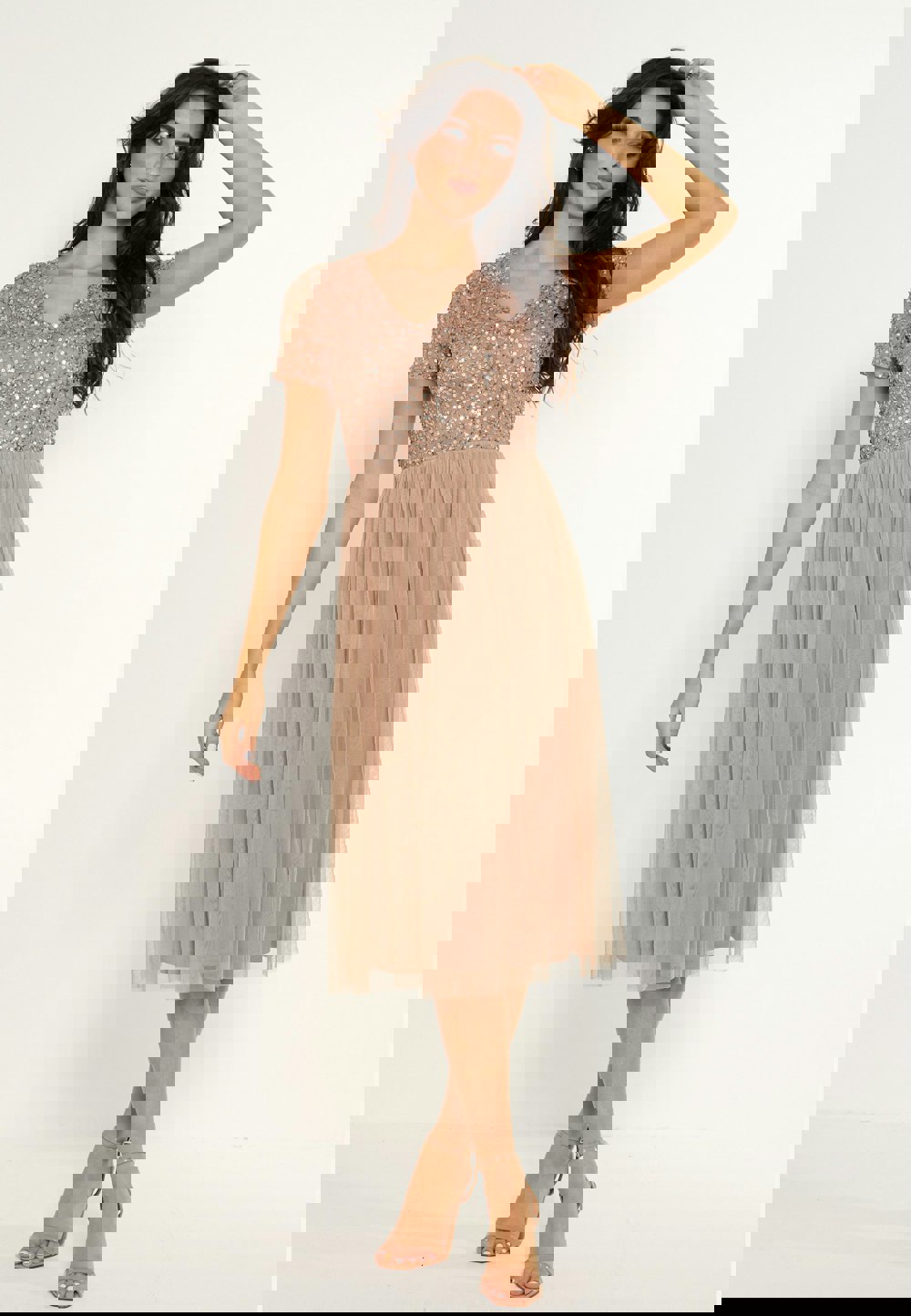 Embellished Sequin Baby Doll Midi Dress in Taupe - ANGELEYE