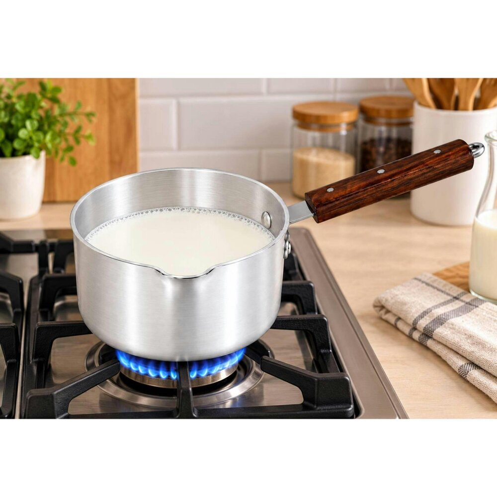 Dyzi 1L Aluminium Milk Pan Saucepan Pouring Spout Wooden Handle