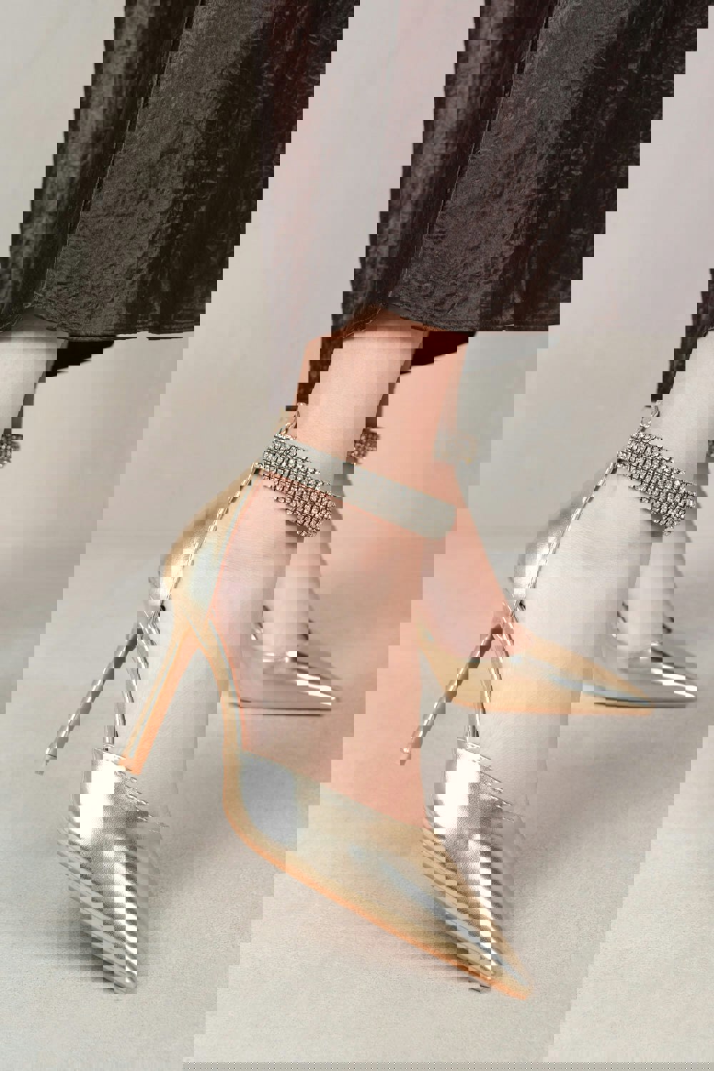 Where's That From Sapphire Pointed Toe High Heels With Diamante Detail Ankle Strap in Gold Metallic