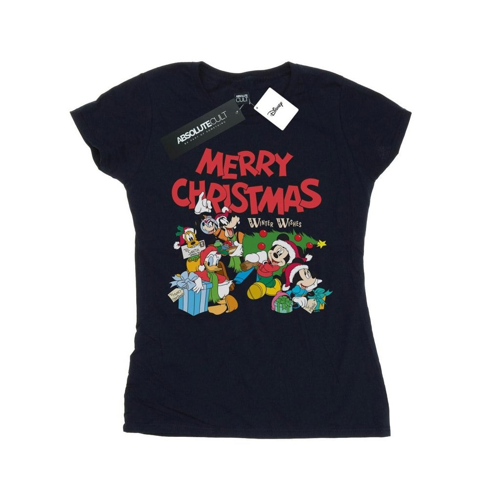 Disney Womens/Ladies Mickey And Friends Winter Wishes Cotton T-Shirt - Navy Blue
