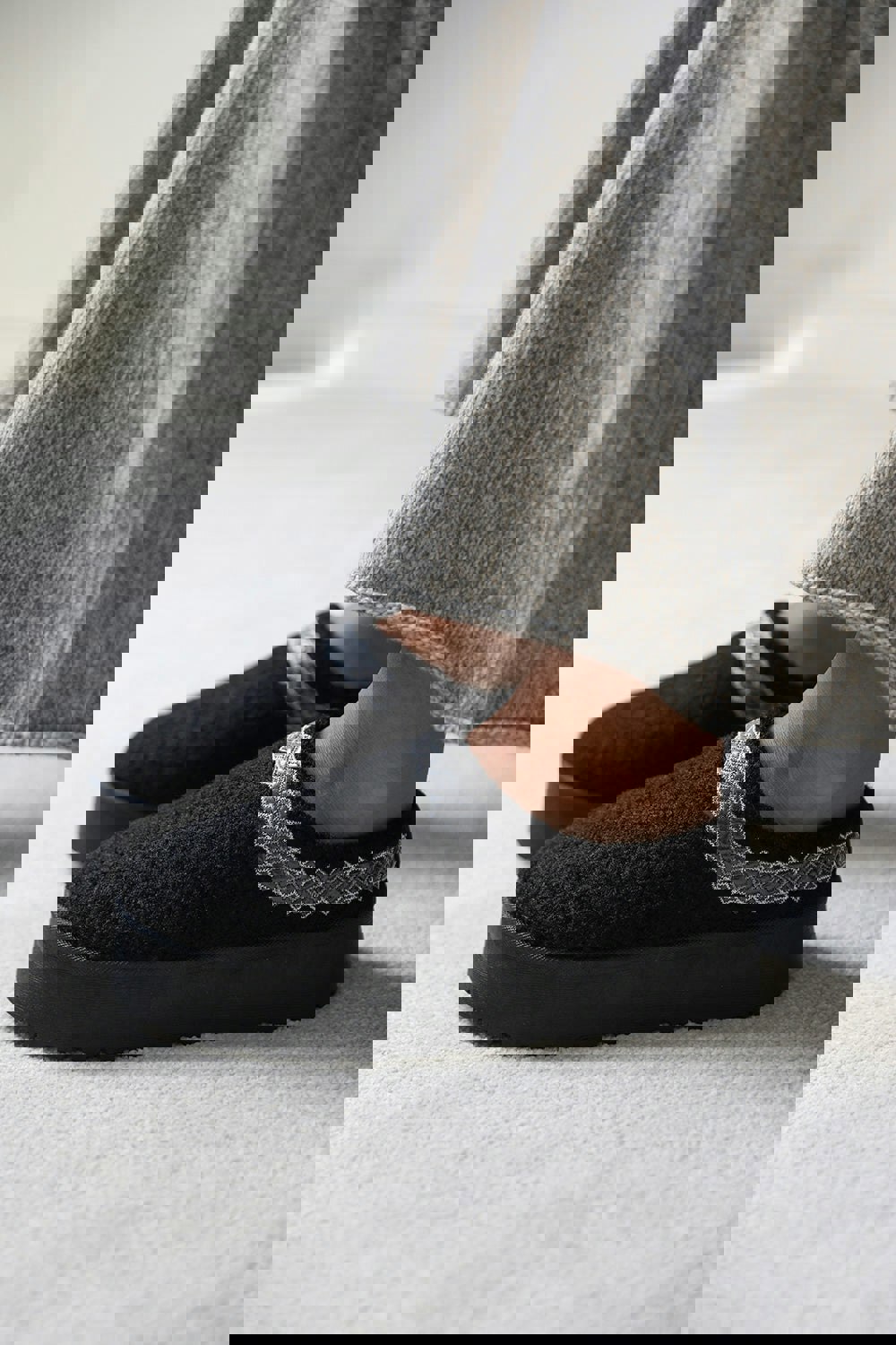 Where's That From Cherry Flatform Aztec Detail Low Ankle Slipper Boots in Black Shearling