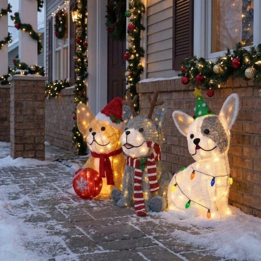 Garden Greatness Set of 3 Light Up Christmas Dog Family