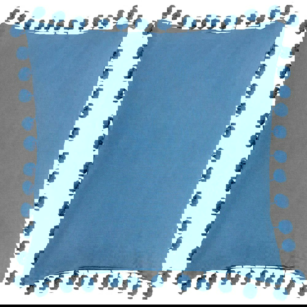 Furn Dora Pom Pom Velvet Square Cushion Cover - Sky Blue