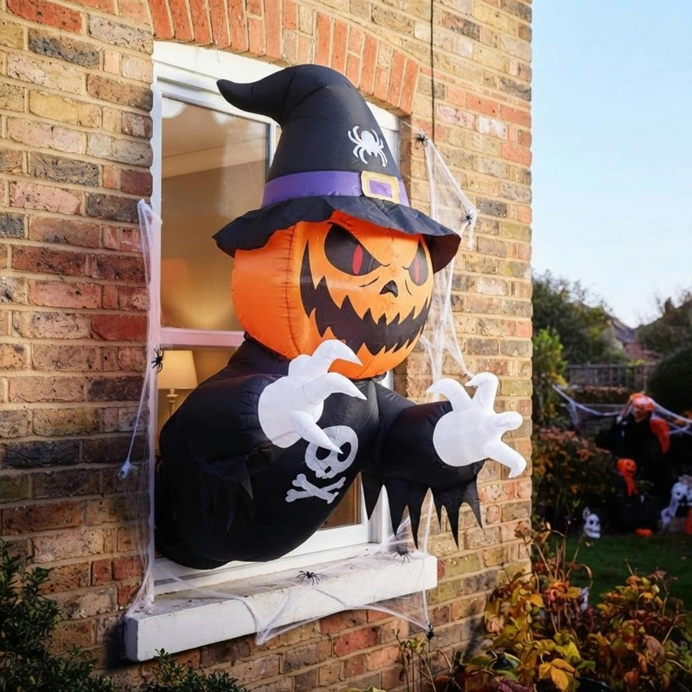 Garden Greatness Light Up Inflatable Pumpkin Witch Halloween Window Decoration