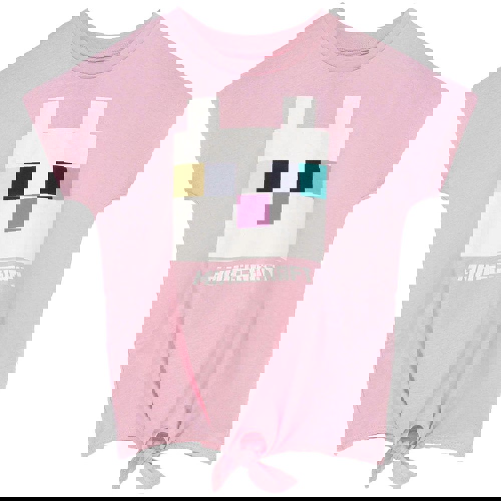 Minecraft Girls Cat Twisted Knot Front T-Shirt - Pink/White