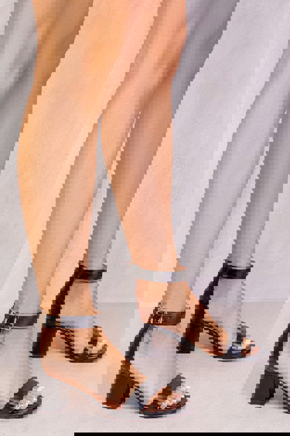 Where's That From Emani Strappy Mid High Block Heels Peep Toe in Black Faux Leather