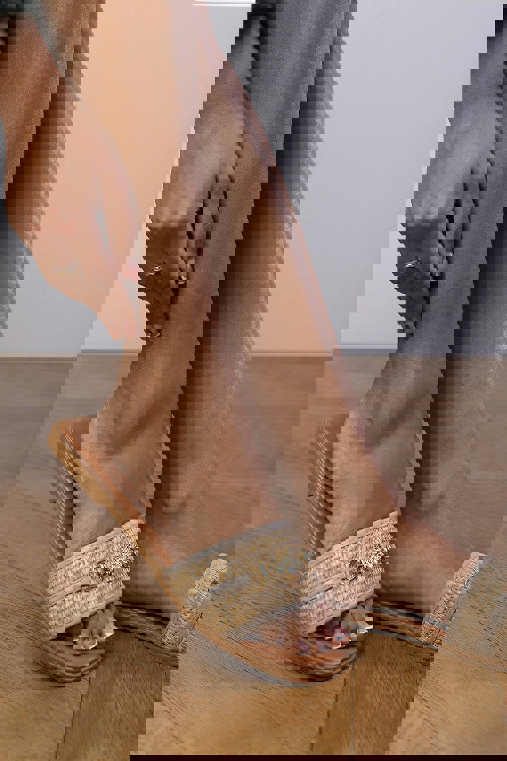 Where's That From Emma Pu Straw Detail Strap Sandals in Nude Faux Leather