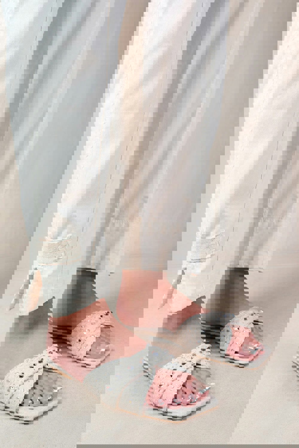 Where's That From Saturn Double Cross Over Strap Flat Sandals With Stud Details in Nude Faux Leather