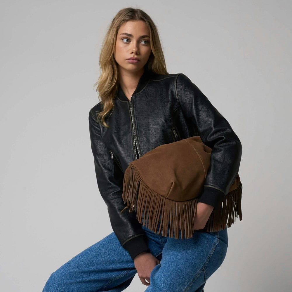 Barneys Originals Mocha Cow Suede Tassel Bag