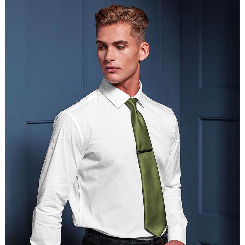Premier Mens Plain Satin Tie (Narrow Blade) - Olive