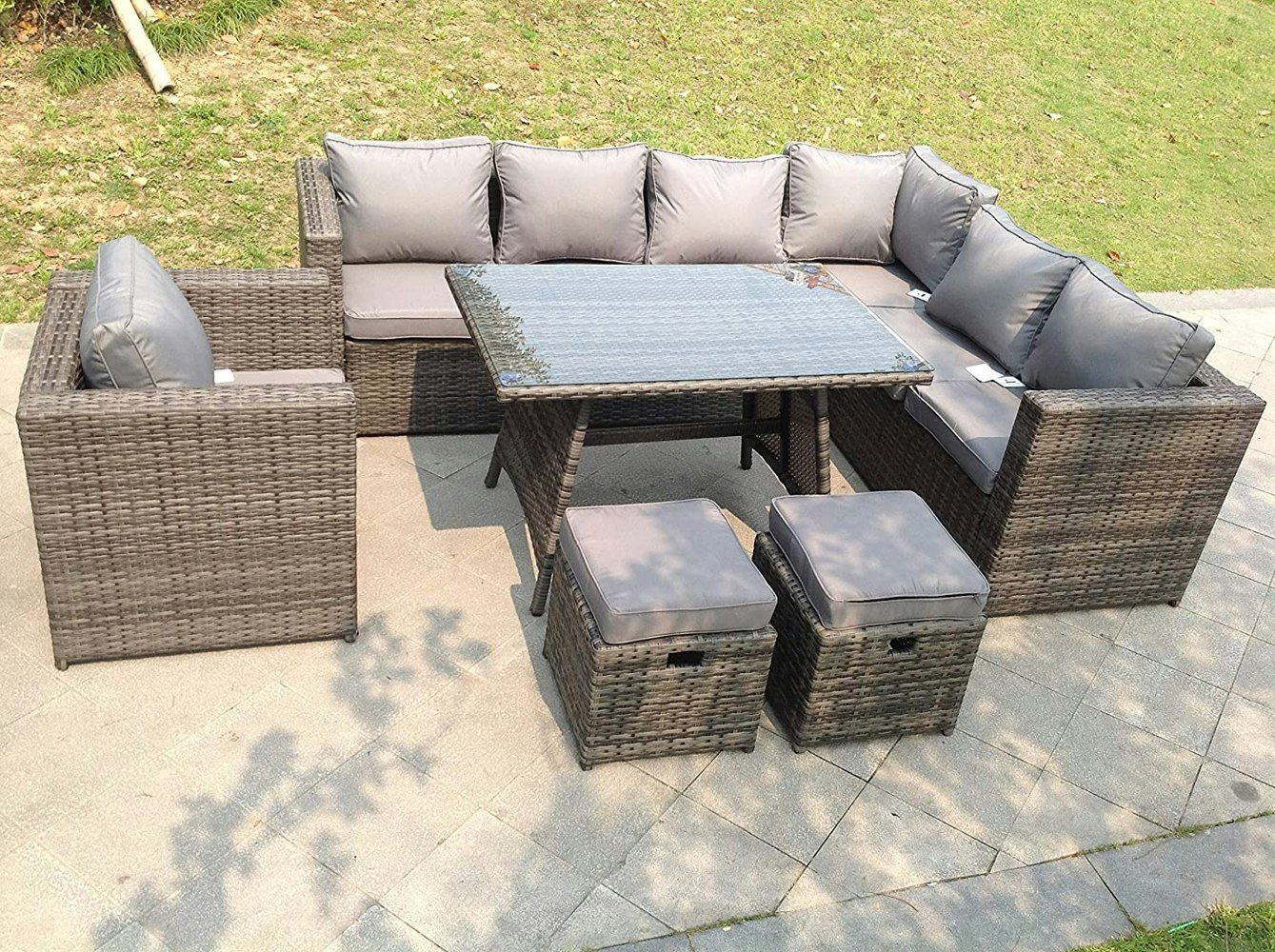Fimous 9 Seater Grey Rattan Corner Sofa Set Dining Table Armchair Foot Rest Garden Furniture Outdoor