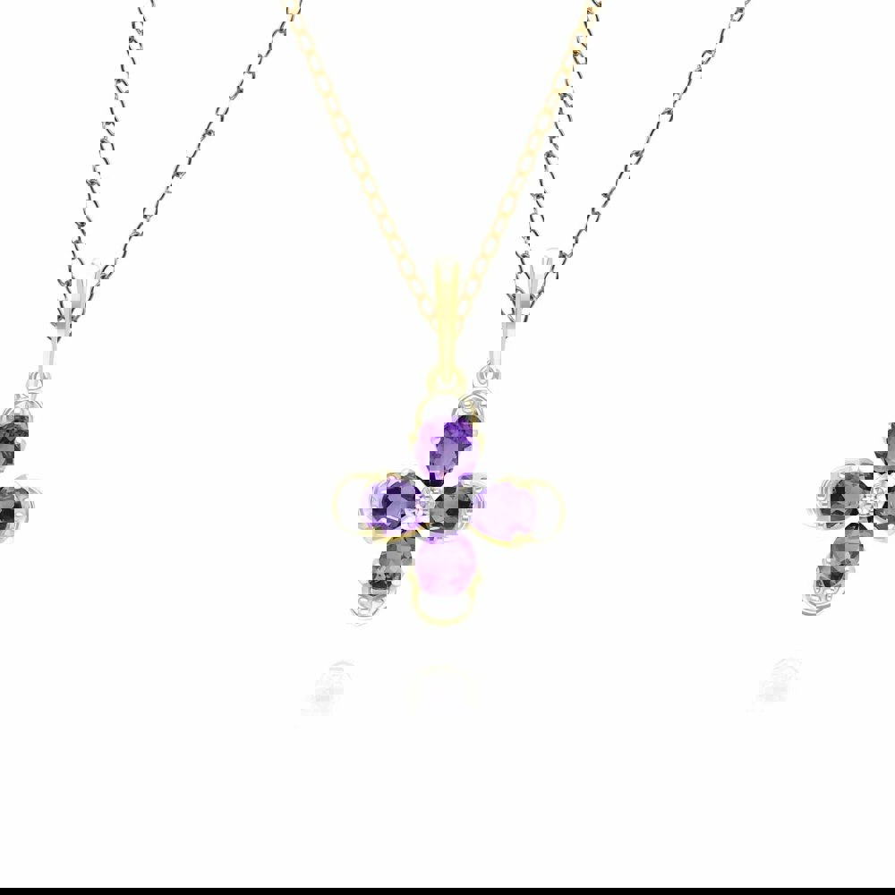 Gemondo Floral Amethyst & Diamond Pendant Necklace in 9ct Yellow Gold