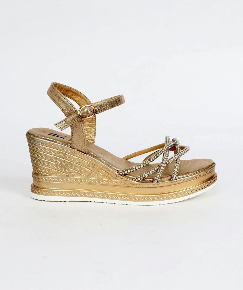 Pia Rossini Alba - Gold Wedged Sandal with Pearl Embellishments