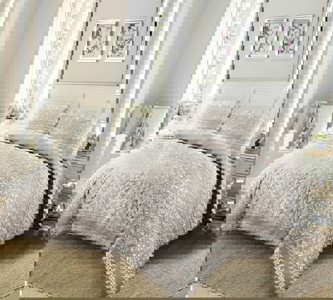 HomeSpace Direct Aaliyah Lace Effect Duvet Cover Set Silver Bedding