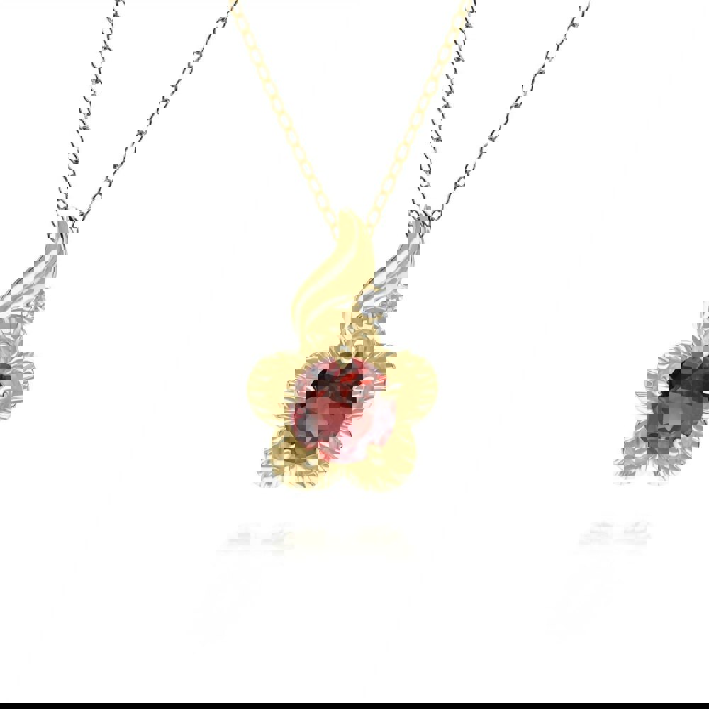 135P2097039 Floral Round Garnet & Diamond Pendant in 9ct Yellow Gold 1