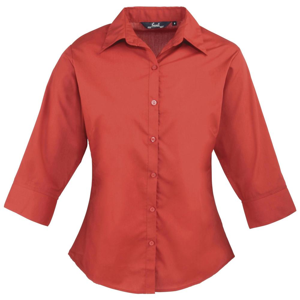Premier Womens/Ladies Poplin 3/4 Sleeve Blouse - Red - Red - 65% Polyester/35% Cotton