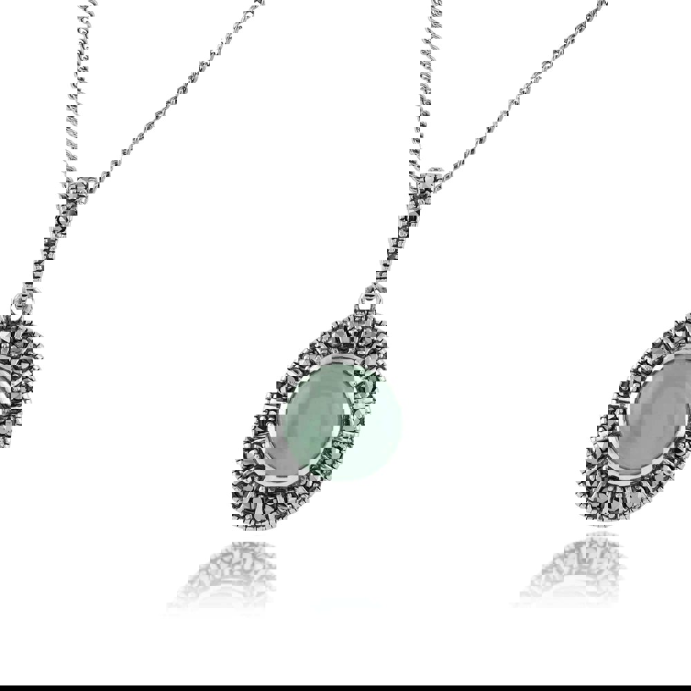Art Deco Style Round Green Jade Cabochon & Marcasite Pendant in 925 Sterling Silver - Gemondo