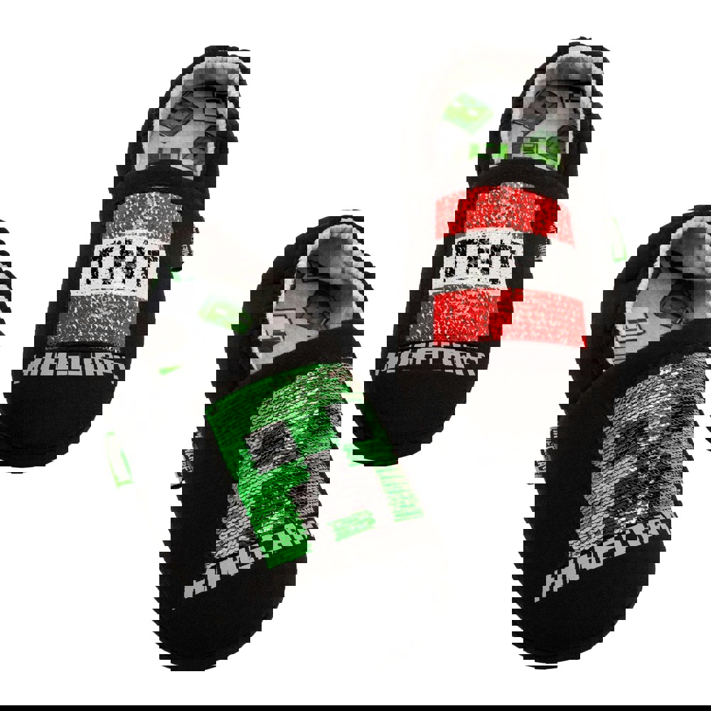 Minecraft Boys Sequin Slippers - Black/Red/Green