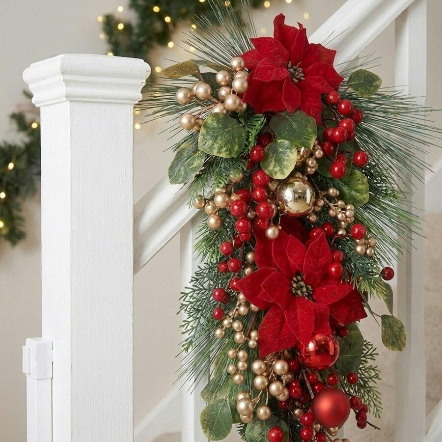 Garden Greatness Festive Poinsettia and Bauble Christmas Swag