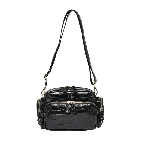 black leather crossbody bag on white