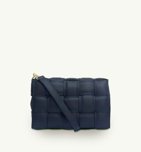 Apatchy London Padded Woven Leather Crossbody Bag with Gold Chain Strap - Navy