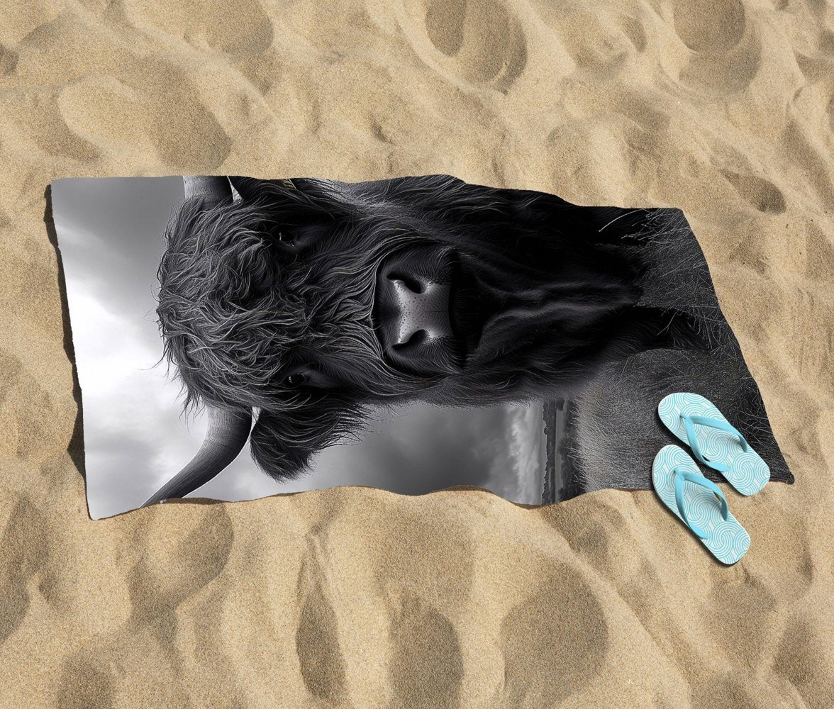 Warren Reed Black And White Highland Cow Beach Towel