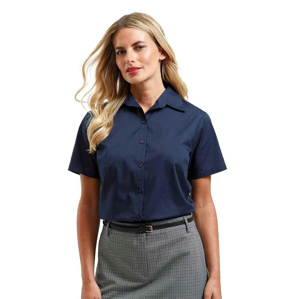 Premier Womens/Ladies Poplin Short-Sleeved Blouse - Navy