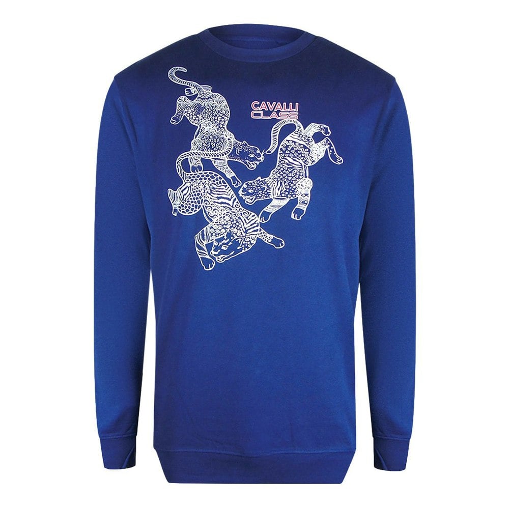 Cavalli Class Paisley Leopards Iris Blue Round Neck Sweatshirt