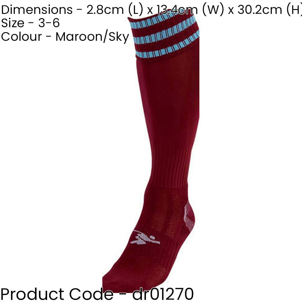 JUNIOR Size 3-6 Pro 3 Stripe Football Socks - MAROON/SKY BLUE - Contoured Ankle